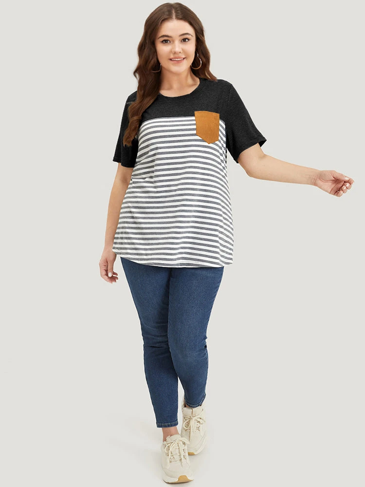 Striped Patchwork Round Neck Patched Pocket T-shirt 18 Striped Patchwork Round Neck Patched Pocket T-shirt - Image 16