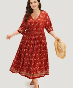 Bandana Print Batwing Sleeve Shirred Dress