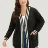Halloween Patchwork Striped Pocket Button Up Rib Knit Coat