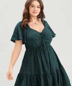 Plain Ruched Drawstring Pocket Ruffle Tiered Dress -Clothing Shop 55 3402d664 33d0 4aa6 9730 a09eb4d8c95c