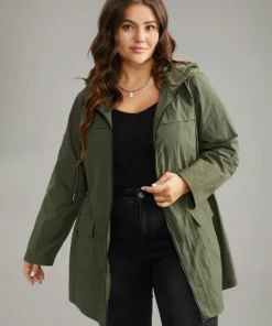 Plain Hooded Drawstring Gathered Zipper Jacket