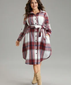 Plaid Shirt Collar Button Through Belted Dress