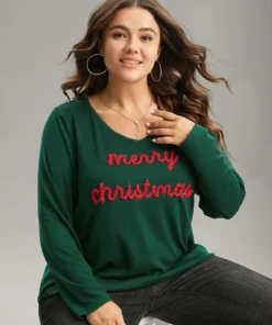 Christmas Letter Embroidered Contrast T-shirt 10 Christmas Letter Embroidered Contrast T-shirt -Clothing Shop 560784075 pg