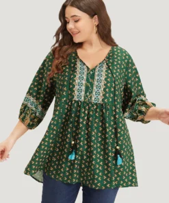 Bandana Print Lantern Sleeve Tassels Tie Neck Blouse -Clothing Shop 561233857 zl