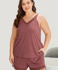 Solid Eyelet Lace Adjustable Straps Sleep Cami Top -Clothing Shop 56130544 co