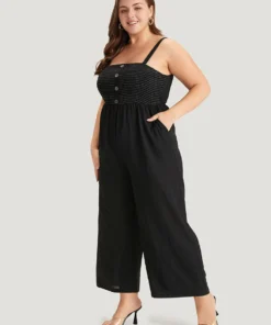 Striped Patchwork Pocket Button Detail Shirred Cami Jumpsuit 13 Striped Patchwork Pocket Button Detail Shirred Cami Jumpsuit -Clothing Shop 561566513 bk