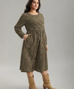 Ditsy Floral Pocket Lantern Sleeve Knee Dress -Clothing Shop 561736216 yf