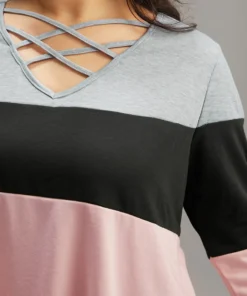 Colorblock Contrast Crisscross V Neck Sweatshirt -Clothing Shop 561782197 cf d57893a4 2edb 4adf 8ea9 5eba56a1c4f1