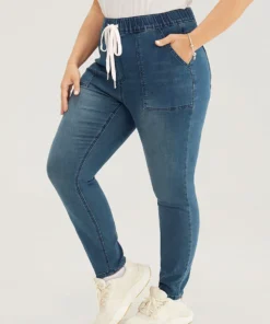 Slightly Stretchy High Rise Dark Wash Drawstring Jeans -Clothing Shop 562111226 sy