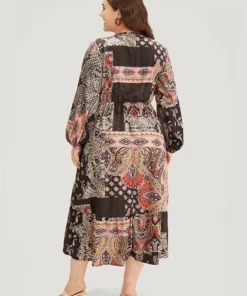 Bandana Print Wrap Pocket Lantern Sleeve Dress -Clothing Shop 562181684 up