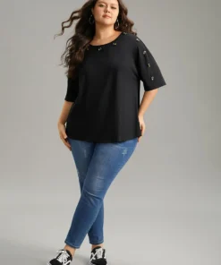 Plain Button Detail Drop Shoulder T-shirt 11 Plain Button Detail Drop Shoulder T-shirt -Clothing Shop 563038296 dt