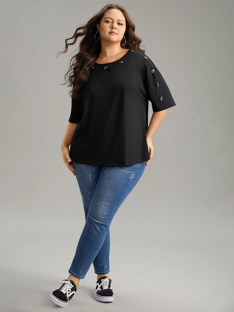 Plain Button Detail Drop Shoulder T-shirt 6 Plain Button Detail Drop Shoulder T-shirt - Image 4