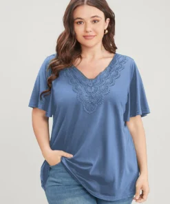 Solid Ruffle Sleeve Lace V Neck T-shirt -Clothing Shop 565092096 kq 7030ce94 635b 4e52 8dec a741328ed875