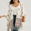 Boho Print Asymmetrical Hem Tassel Trim Drape Kimono -Clothing Shop 56549378 yl