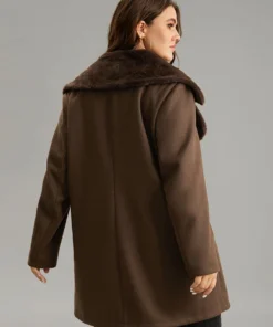 Plain Lapel Collar Fuzzy Trim Patchwork Button Up Coat -Clothing Shop 565796085 dy