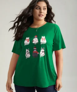Christmas Cat Print Round Neck T-shirt -Clothing Shop 566333567 xk