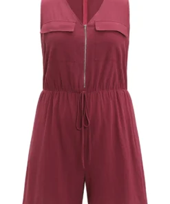Plain V Neck Pocket Zipper Drawstring Sleeveless Jumpsuit -Clothing Shop 567095493 uq