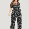 Floral Mesh Patchwork Crew Neck Pocket Belted Jumpsuit -Clothing Shop 567213721 wi