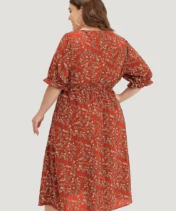 Ditsy Floral Notched Flutter Trim Elastic Waist Dress -Clothing Shop 56764222 bt