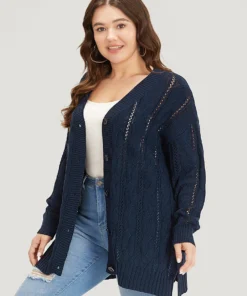 Plain Button Up Cable Knit Split Side Cardigan -Clothing Shop 568149332 dr