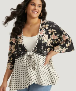 UltraCool Floral Print Knotted Stitch Patchwork Kimono -Clothing Shop 568310463 ul