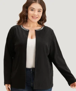 Solid Pearl Beaded Detail Open Front Jacket -Clothing Shop 568508926 dl