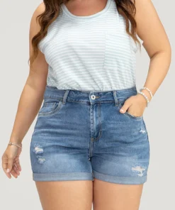 Skinny Very Stretchy Light Wash Roll Hem Distressed Denim Shorts