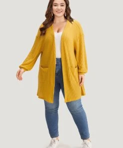Plain Texture Pocket Open Front Coat -Clothing Shop 569117197 ho