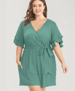 Plain Surplice Neck Ruffle Sleeve Pocket Belted Romper -Clothing Shop 569813090 pt c1d43433 49cc 4f7f a29b 1f117220a0b5