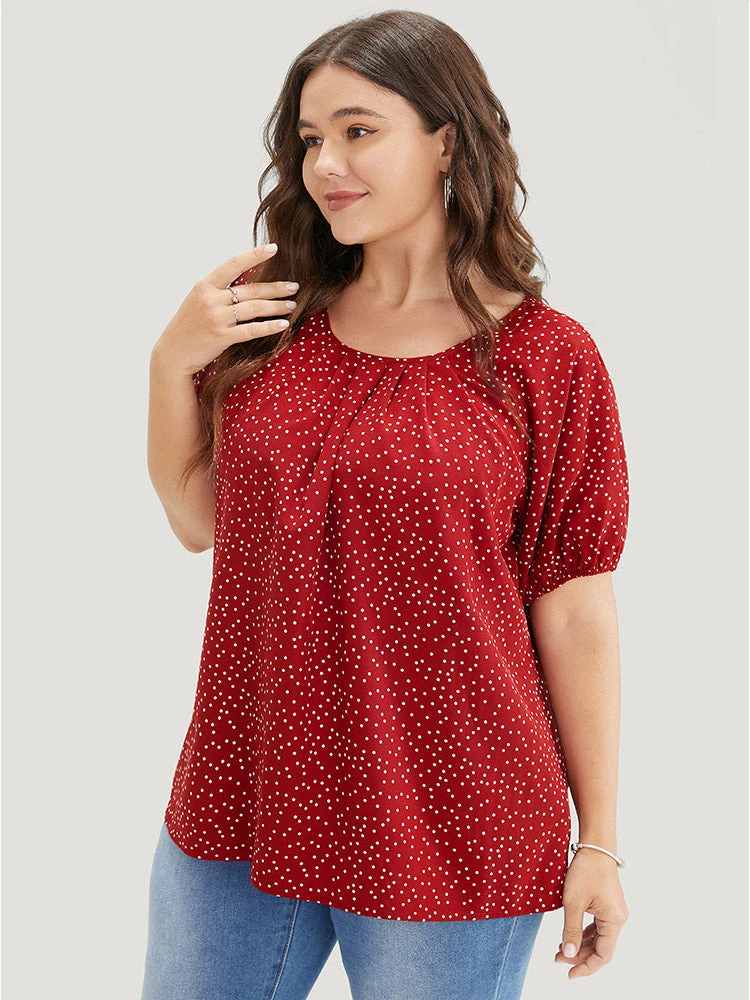 Polka Dot Pleated Round Neck Puff Sleeve Blouse 5 Polka Dot Pleated Round Neck Puff Sleeve Blouse - Image 3