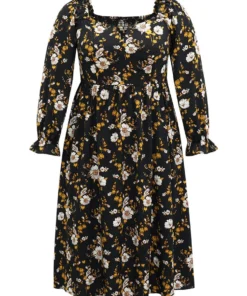 Floral Print Notched Frill Trim Gathered Shirred Dress 15 Floral Print Notched Frill Trim Gathered Shirred Dress -Clothing Shop 570363371 kk