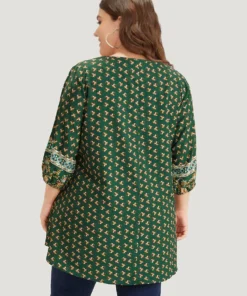 Bandana Print Lantern Sleeve Tassels Tie Neck Blouse -Clothing Shop 57069501 zd