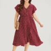 Ditsy Floral Overlap Collar Bowknot Flutter Hem Dress