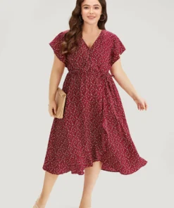 Ditsy Floral Overlap Collar Bowknot Flutter Hem Dress