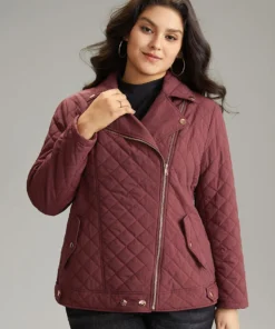 Zipper Fly Quilted Button Detail Lapel Collar Jacket