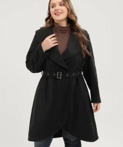Solid Lapel Collar Pocket Belted Open Front Coat -Clothing Shop 571850604 qw