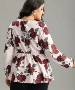 Floral Print Eyelet Lace Lantern Sleeve Blouse -Clothing Shop 572026165 kt