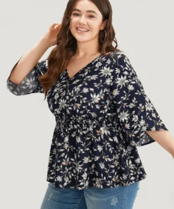 Floral Print Shirred Button Detail V Neck Petal Sleeve Blouse -Clothing Shop 572079874 az