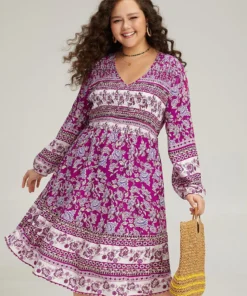 Bandana Print Pocket V Neck Shirred Dress