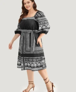 Boho Print Square Neck Belted Dress -Clothing Shop 572222747 ks