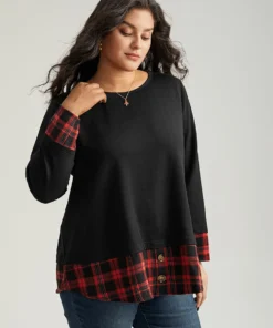 Plaid Patchwork Button Detail Curved Hem Sweatshirt -Clothing Shop 572695628 qw