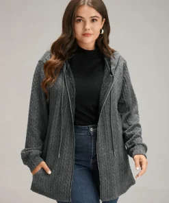 Plain Textured Zipper Hooded Sweatshirt