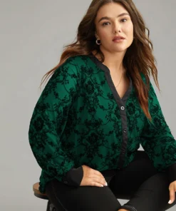 Floral Print Mesh V Neck Blouse -Clothing Shop 572833887 lb