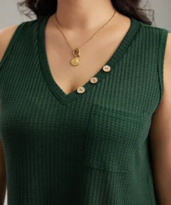 Waffle Knit V Neck Button Detail Cami Top -Clothing Shop 573372888 wh