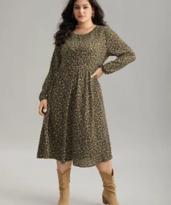 Ditsy Floral Pocket Lantern Sleeve Knee Dress -Clothing Shop 573435139 ho