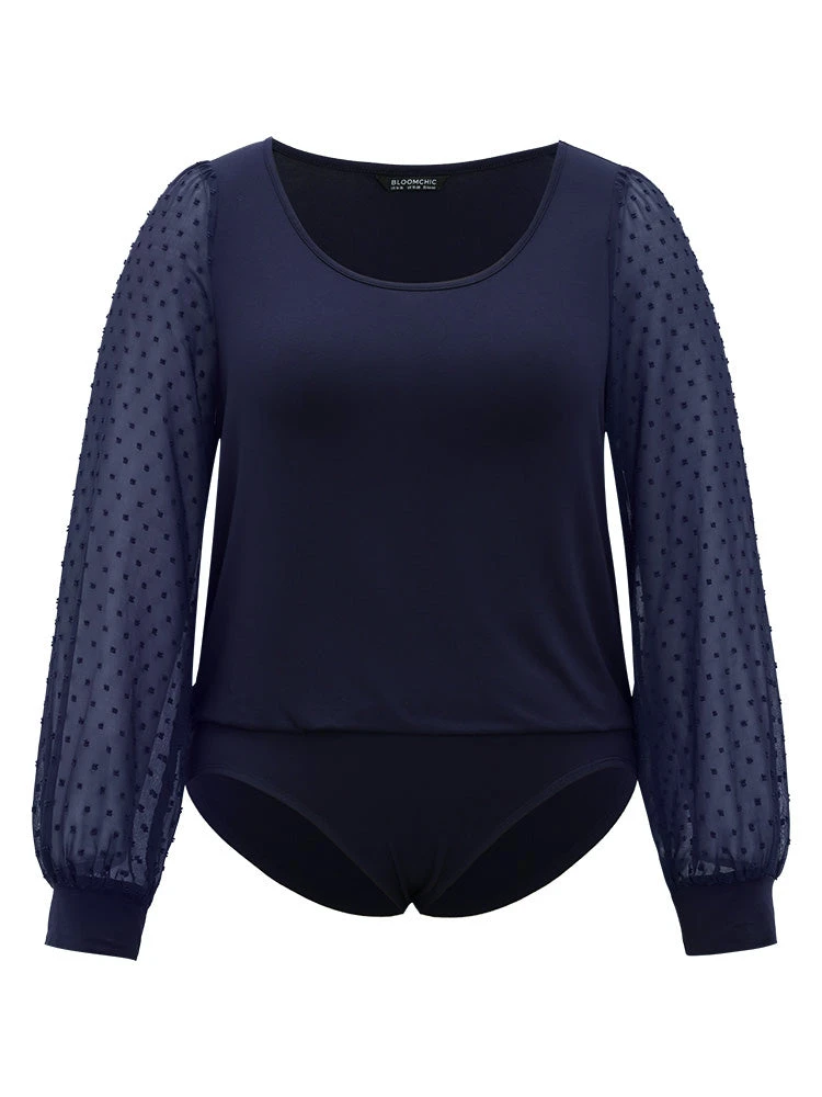 Plain Mesh Patchwork Lantern Sleeve Crew Neck Bodysuit 10 Plain Mesh Patchwork Lantern Sleeve Crew Neck Bodysuit - Image 8