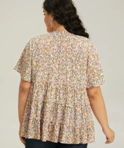 Ditsy Floral Frill Trim Shirred Mock Neck Blouse -Clothing Shop 57414695 zg