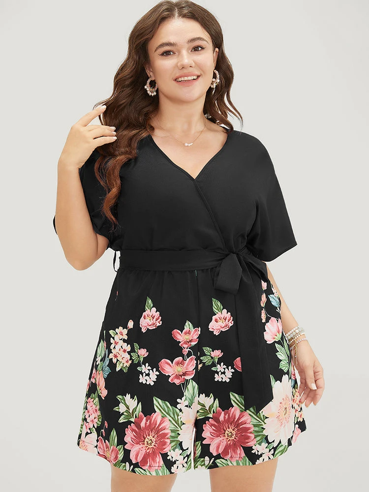 Floral Pocket Batwing Sleeve Surplice Neck Romper 14 Floral Pocket Batwing Sleeve Surplice Neck Romper - Image 12