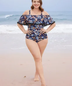 Floral Pompom Trim Cold Shoulder One Piece Swimsuit -Clothing Shop 574470236 ps