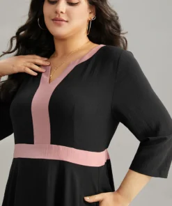 Colorblock Contrast Notched Elastic Waist Dress -Clothing Shop 574706978 rg